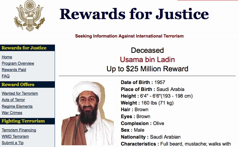 Thông cáo treo "reward" 25 triệu USD cho ai cấp thông tin giúp tìm và diệt được Osama Bin Laden trên trang web của Bộ tư pháp Hoa Kỳ